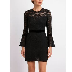 Tadashi Shoji Lace Sheath Dress Women’s Size 6 Black Rose Sequin Bell Sleeve